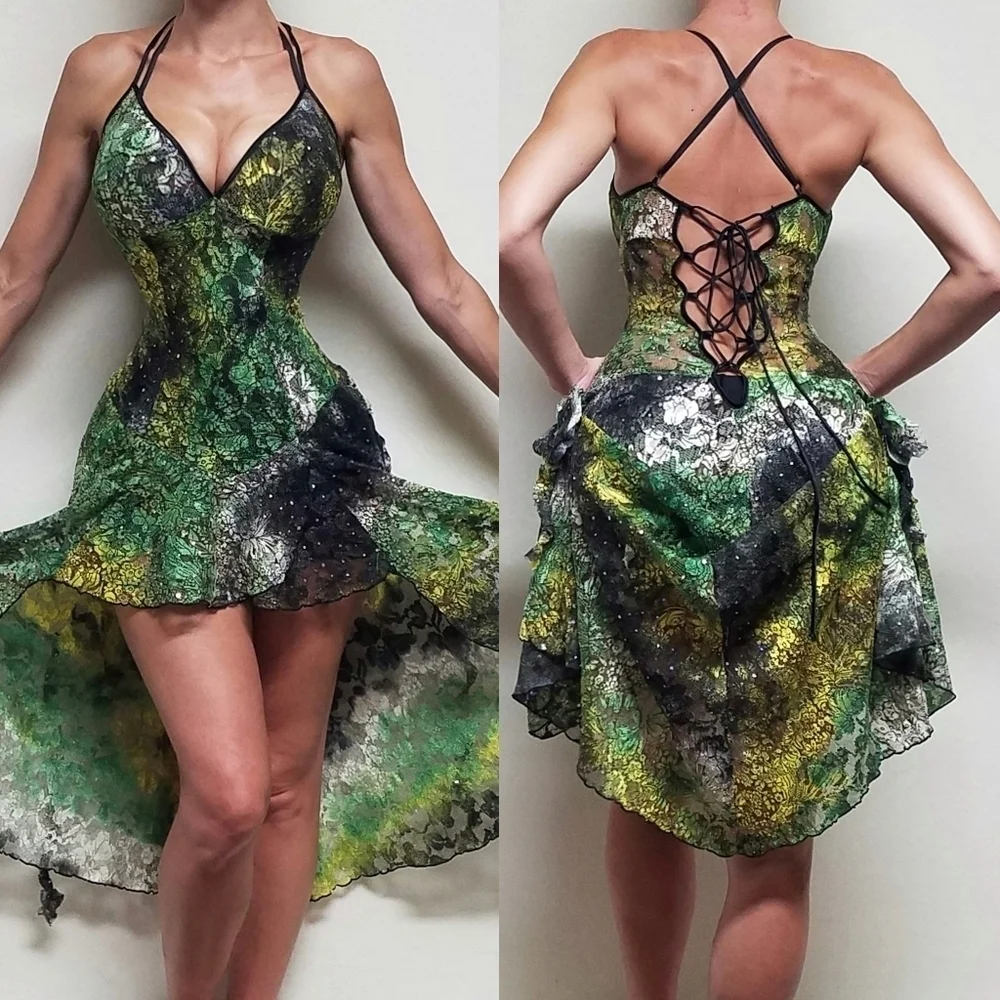 80s Rare Vintage Surprise Parties Green Tie-Dye Sheer Lace Lace-up Bustle Dress - Picture 1 of 16